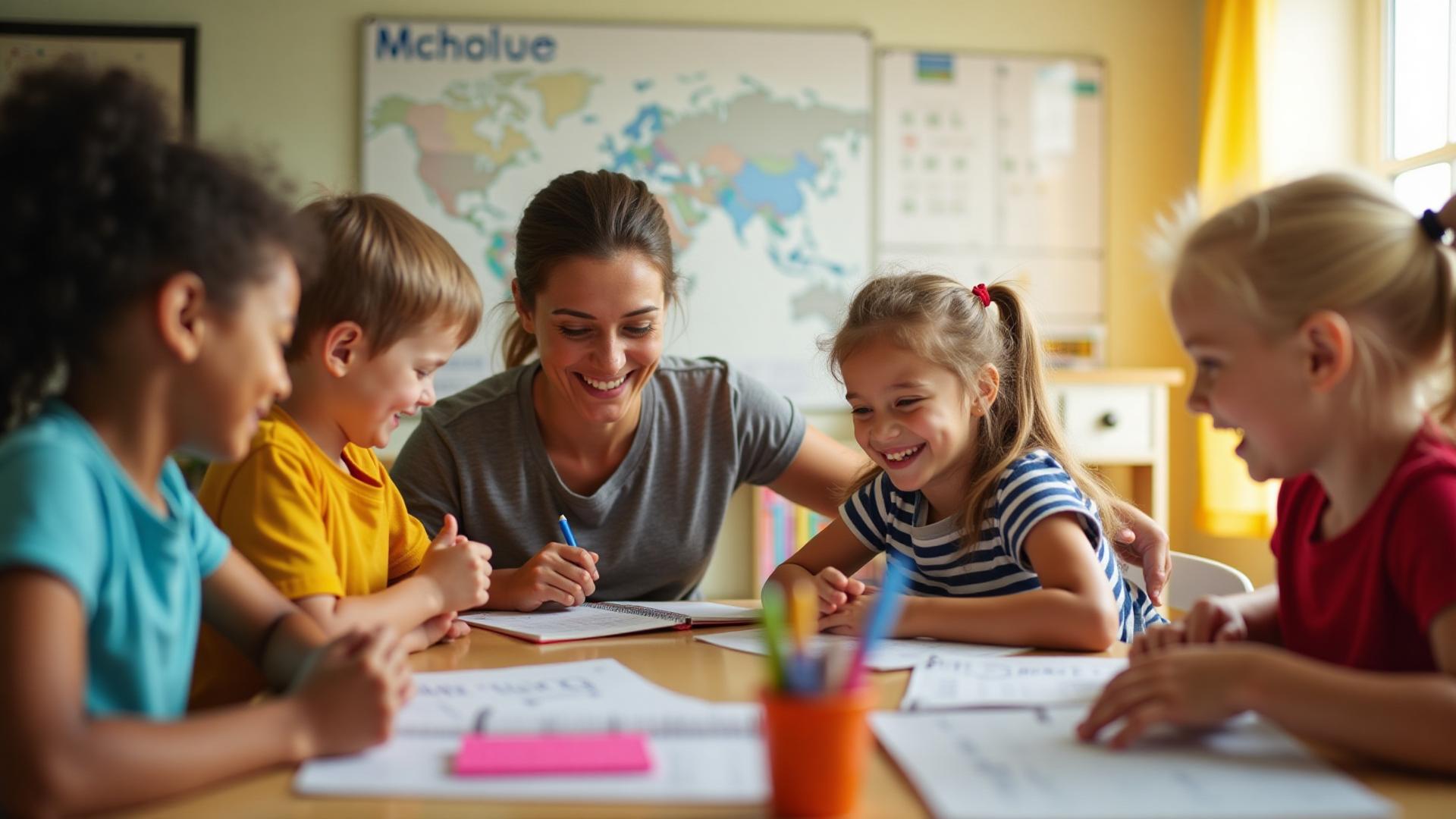 Crianças sendo ajudadas em atividades educacionais